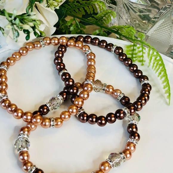 Stretchy Bracelets Set Of 3 Brown Bronzed Tan Bling Rhinestones Y2K Adjustable - Picture 3 of 6
